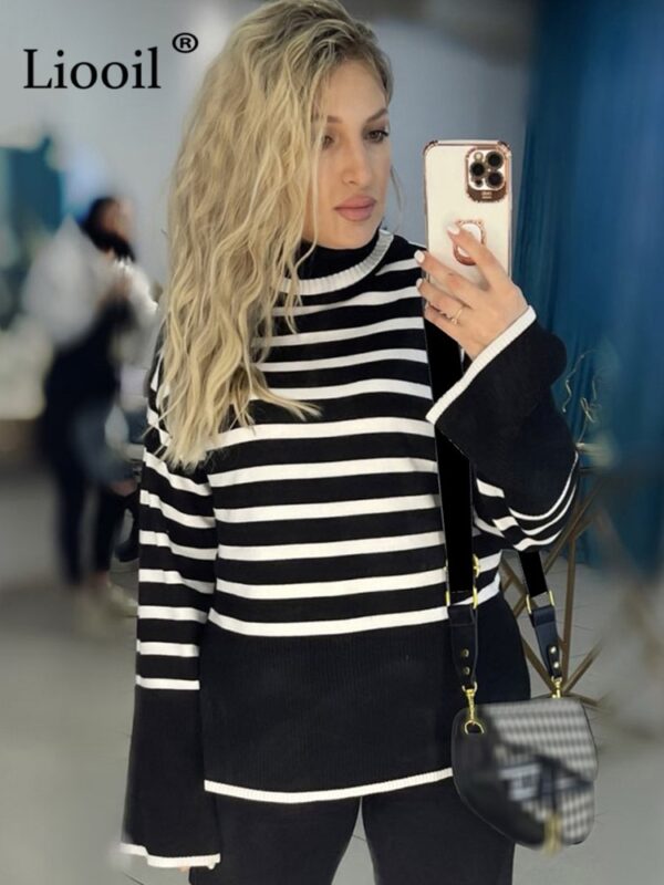 Black And White Stripe Sweater Streetwear Loose Tops Women Pullover Female Jumper Long Sleeve Turtleneck Knitted 2