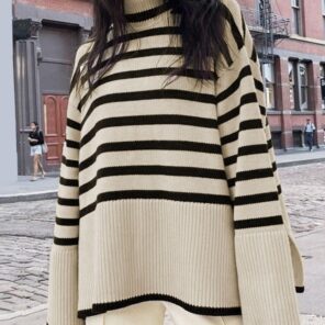 Black And White Stripe Sweater Streetwear Loose Tops Women Pullover Female Jumper Long Sleeve Turtleneck Knitted