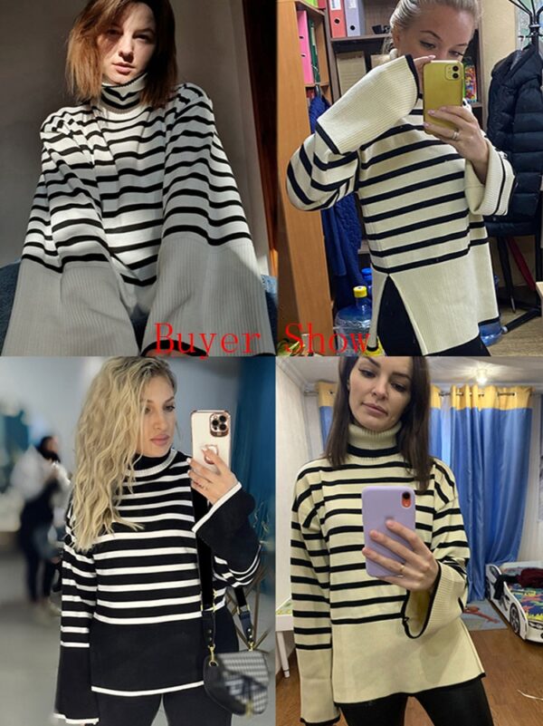 Black And White Stripe Sweater Streetwear Loose Tops Women Pullover Female Jumper Long Sleeve Turtleneck Knitted 5