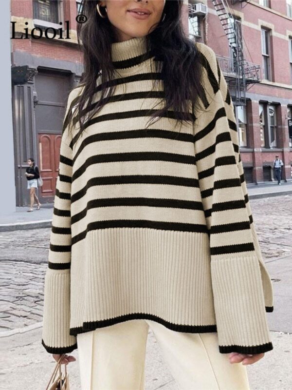 Black And White Stripe Sweater Streetwear Loose Tops Women Pullover Female Jumper Long Sleeve Turtleneck Knitted