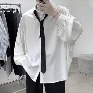 Black Long sleeved Shirts Men Korean Comfortable Blouses Casual Loose Single Breasted Shirt With Tie 2.jpg 640x640 2