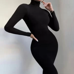 Black Turtleneck Romper Long Sleeve Sexy Bodycon Jumpsuit Hot Outfit Fall Winter Streetwear Party Overalls Velvet