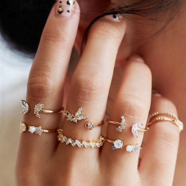 Bohemian Butterfly Ring Set For Women Crystal Inlayed Flower Knuckle Ring Female Charm Jewelry Gift