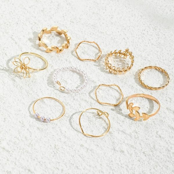 Bohemian Wave Flower Rings Set For Women Vintage Geometric Pearl Butterfly Metal Chain Knuckle Rings