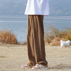 Brown Black White Casual Pants Men Fashion Society Mens Dress Pants Korean Loose Straight Wide Leg