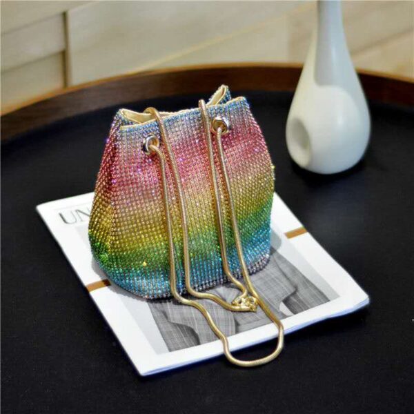 Bucket Women Fashion Evening Bags Diamonds Rainbow Soft Day Clutch Shoulder Snake Chain Rhinestones Party Handbags 1