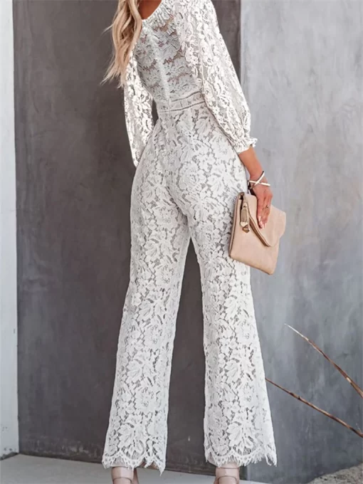 CHRONSTYLE Elegant Women Lace Wide Leg Pants Jumpsuits Solid Color Long Sleeve High Waist V Neck 1