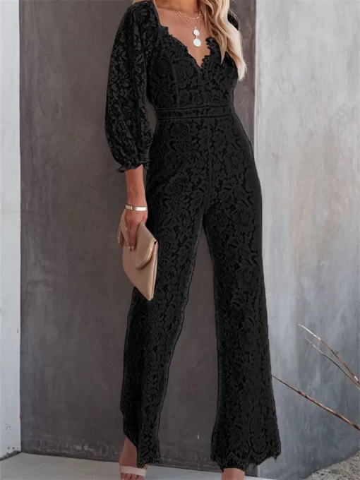 CHRONSTYLE Elegant Women Lace Wide Leg Pants Jumpsuits Solid Color Long Sleeve High Waist V Neck 2