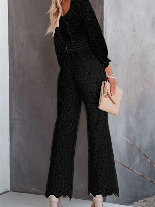 CHRONSTYLE Elegant Women Lace Wide Leg Pants Jumpsuits Solid Color Long Sleeve High Waist V Neck 3