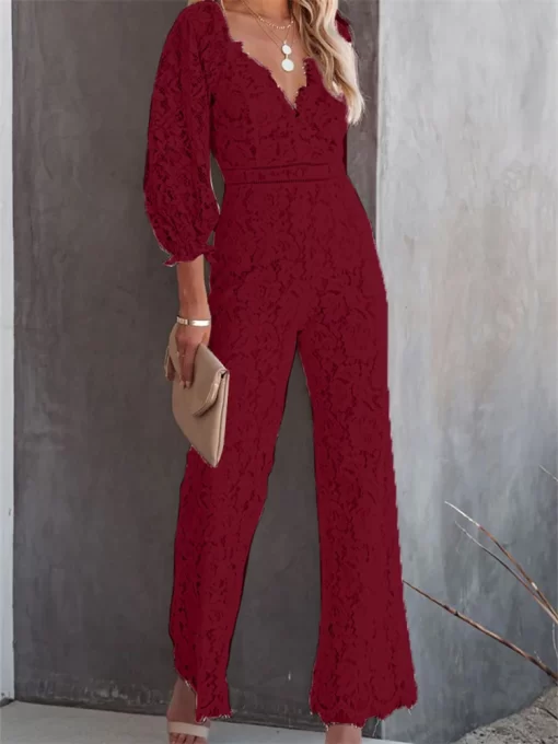 CHRONSTYLE Elegant Women Lace Wide Leg Pants Jumpsuits Solid Color Long Sleeve High Waist V Neck 4