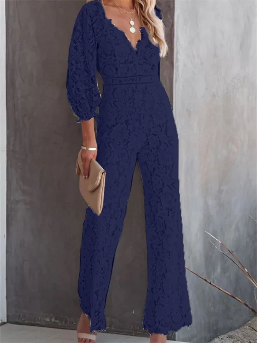 CHRONSTYLE Elegant Women Lace Wide Leg Pants Jumpsuits Solid Color Long Sleeve High Waist V Neck 5