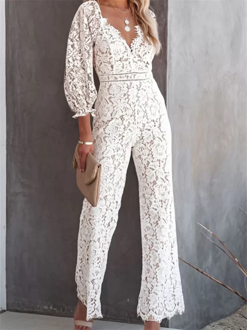 CHRONSTYLE Elegant Women Lace Wide Leg Pants Jumpsuits Solid Color Long Sleeve High Waist V Neck