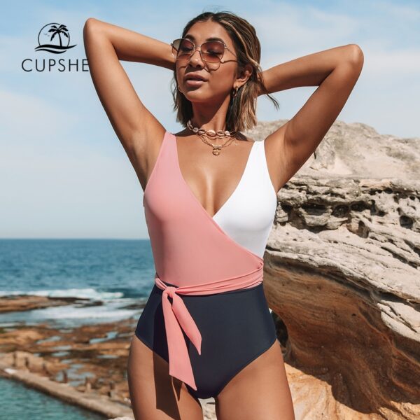 CUPSHE V neck Lace Up One Piece Swimsuit Sexy Pink White Colorblock Women Monokini 2022 New 2