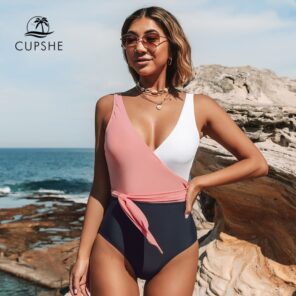 CUPSHE V neck Lace Up One Piece Swimsuit Sexy Pink White Colorblock Women Monokini 2022 New