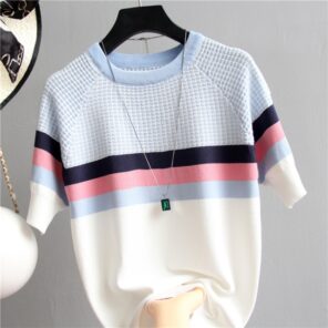 Camisetas Mujer 2021 Thin Knitted T Shirt Women Short Sleeve Summer Tops Woman Clothes Striped Fashion 9.jpg 640x640 9