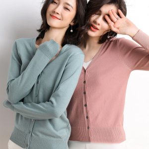 Cardigans Women 2022 Autumn Single Breasted V neck Knitted Sweater Fashion Short Knitwear Solid Blue Green