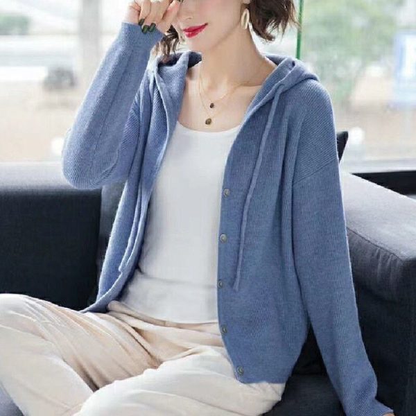 Casual Fashion Hooded All match Knitted Cardigan Sweaters Women s Clothing 2022 Autumn New Solid Color 1