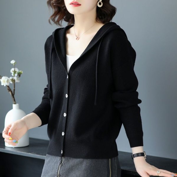 Casual Fashion Hooded All match Knitted Cardigan Sweaters Women s Clothing 2022 Autumn New Solid Color 2