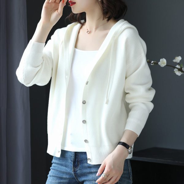 Casual Fashion Hooded All match Knitted Cardigan Sweaters Women s Clothing 2022 Autumn New Solid Color 3