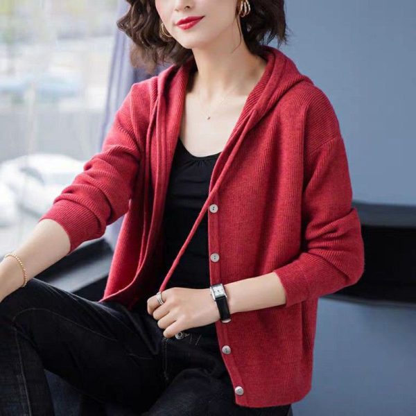 Casual Fashion Hooded All match Knitted Cardigan Sweaters Women s Clothing 2022 Autumn New Solid Color 4