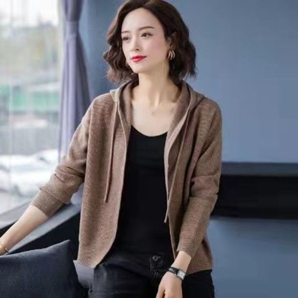 Casual Fashion Hooded All match Knitted Cardigan Sweaters Women s Clothing 2022 Autumn New Solid Color 5