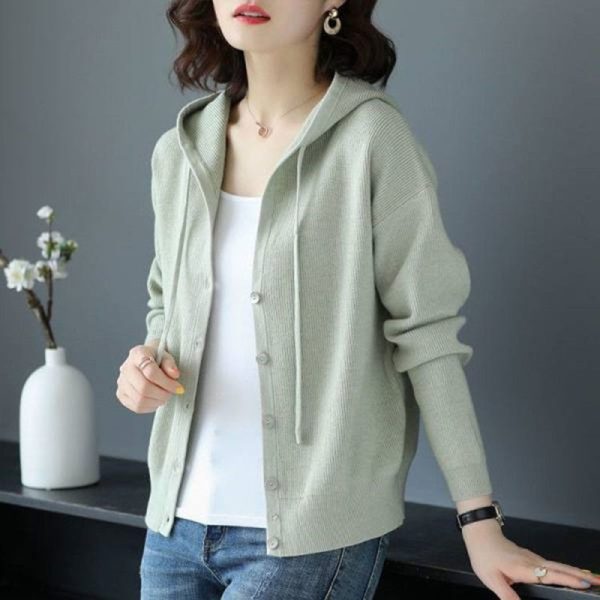 Casual Fashion Hooded All match Knitted Cardigan Sweaters Women s Clothing 2022 Autumn New Solid Color