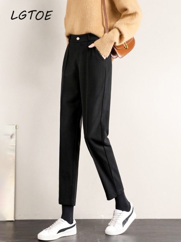 Casual High Waist Wool Harem Pants Women Autumn Winter Warm Thick Black Office Straight Pencil Suit 1