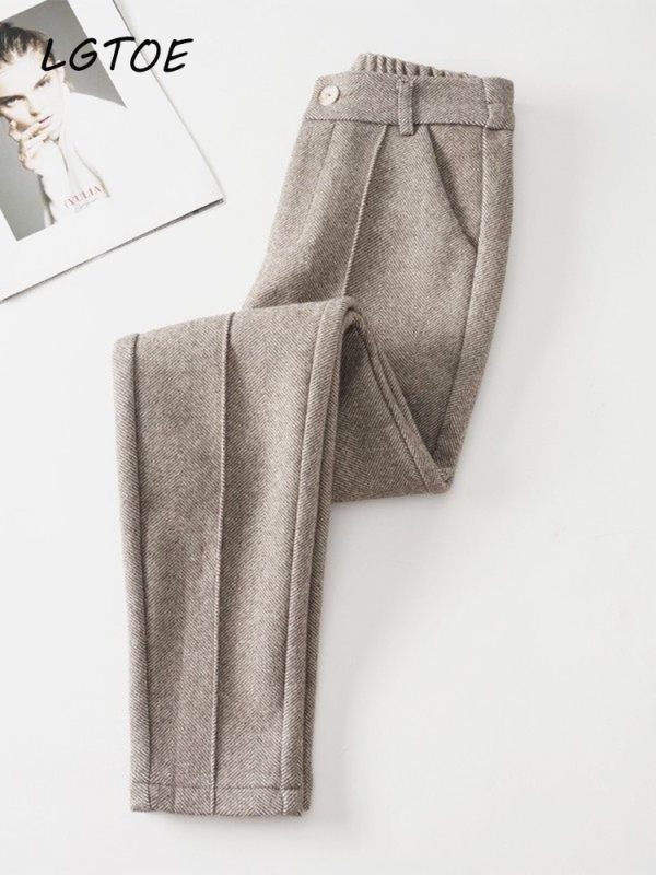 Casual High Waist Wool Harem Pants Women Autumn Winter Warm Thick Black Office Straight Pencil Suit 2