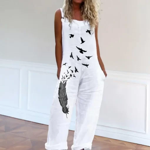 Casual Loose Jumpsuit Women Spaghetti Long Camis Summer Print Cotton Linen Strap Wide Leg Pants Bib 2