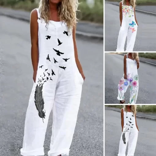 Casual Loose Jumpsuit Women Spaghetti Long Camis Summer Print Cotton Linen Strap Wide Leg Pants Bib 3