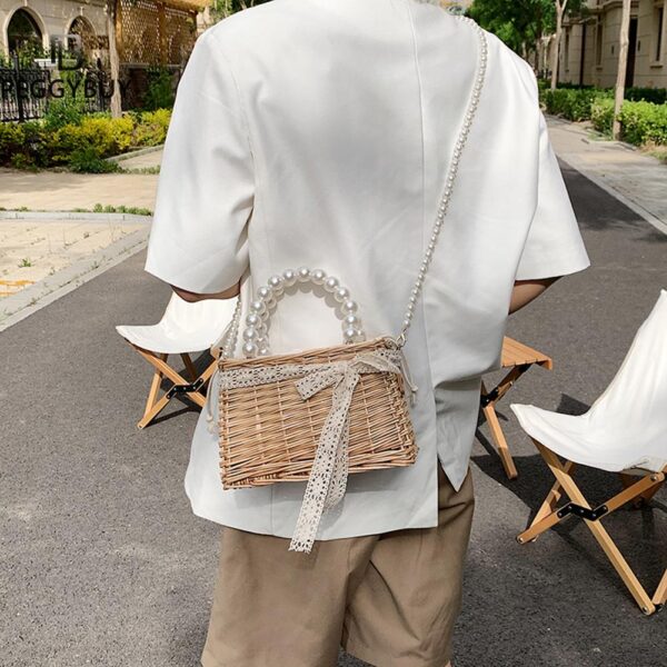 Casual Summer Rattan Woven Women Shoulder Crossbody Bags Fashion Pearl Chain Basket Drawstring Ladies Small Top 1