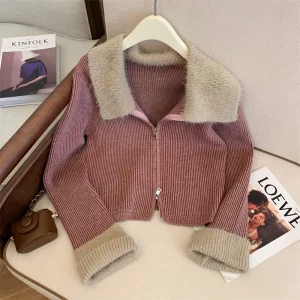 Casual Zipper Women Sweater Korean Knit Cardigan Coat Solid Winter Top Stand Collar Trend Streetwear Outerwear 2
