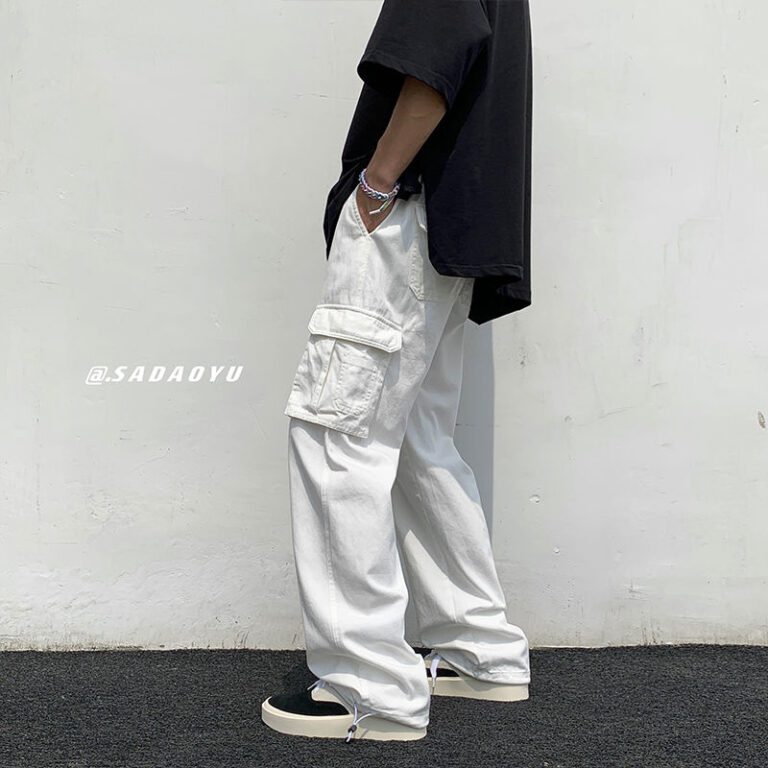 Celana Kargo Katun Hitam Putih Celana Kasual Multi saku Mode Pria Pakaian Jalanan Longgar Celana Lurus 3
