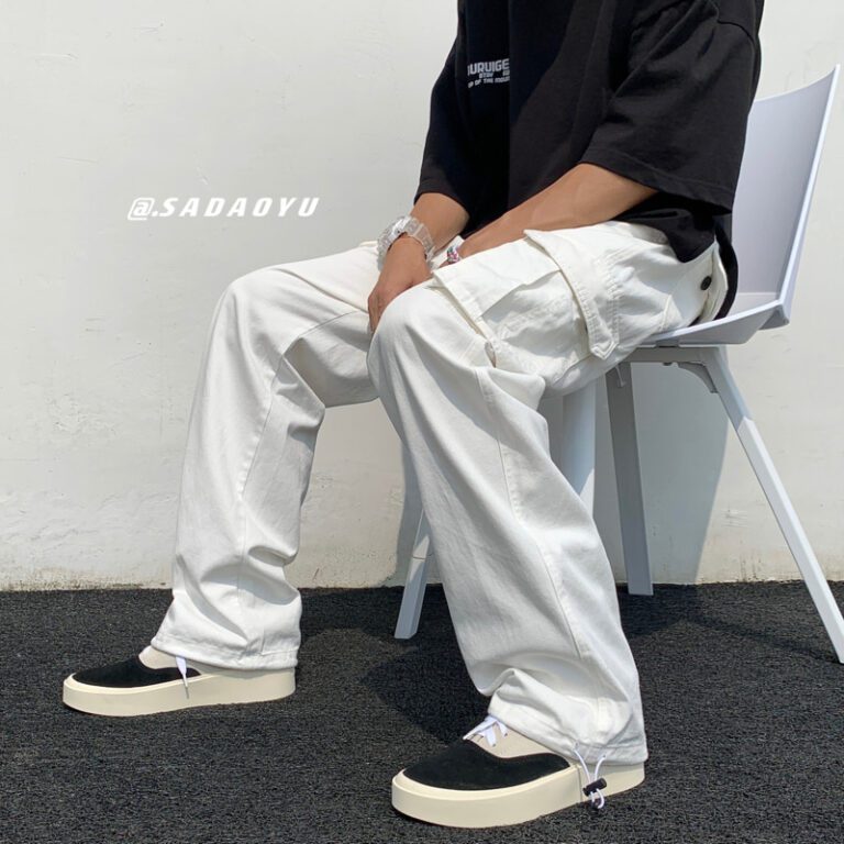 Celana Kargo Katun Hitam Putih Celana Kasual Multi saku Mode Pria Pakaian Jalanan Longgar Celana Lurus 4