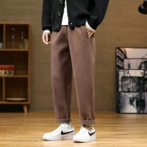 Celana Wol Musim Gugur Dingin Celana Kasual Multiwarna Retro Fashion Hangat Pria Celana Panjang Lurus Korea 1