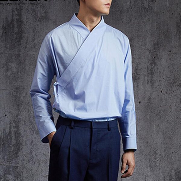 Chinese Style Men Shirt Solid Color Retro Hanfu Long Sleeve Vintage Lace Up 2022 Stand Collar