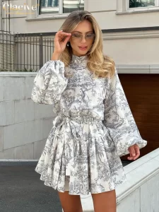 Clacive Casaul Loose Print Women S Dress 2023 Fashion Stand Collar Puff Sleeve Mini Dresses Elegant