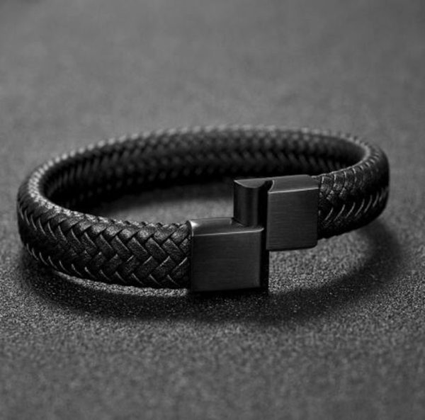 Classic Black Leather Bracelet with Metal Magnetic Clasp Fashion Bracelet Jewelry Beautiful Gift for Men 2