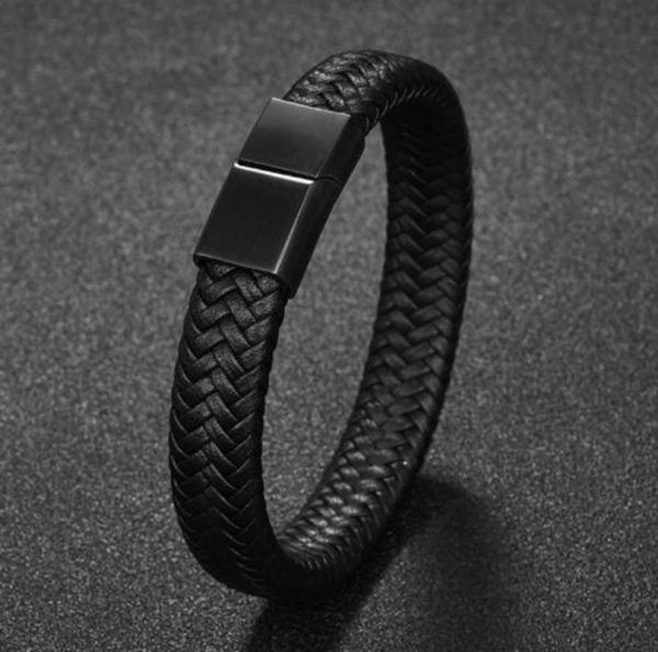 Classic Black Leather Bracelet with Metal Magnetic Clasp Fashion Bracelet Jewelry Beautiful Gift for Men