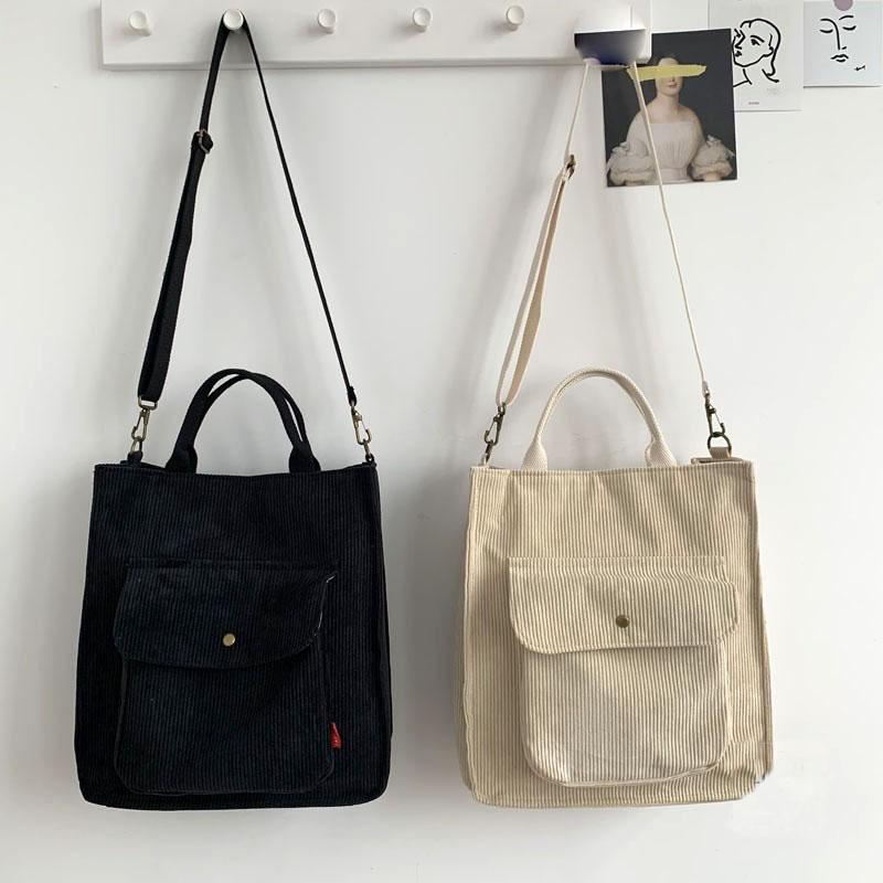 Corduroy Shoulder Bag Women Vintage Shopping Bags Zipper Girls Student Bookbag Handbags Casual Tote With Outside 2