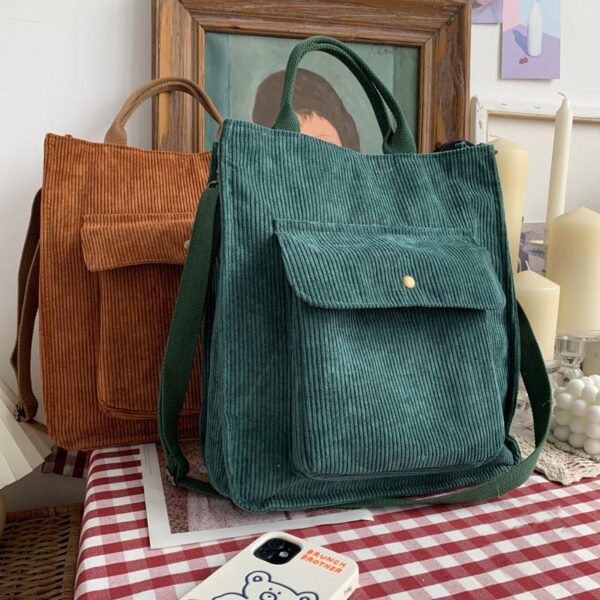 Corduroy Shoulder Bag Women Vintage Shopping Bags Zipper Girls Student Bookbag Handbags Casual Tote With Outside
