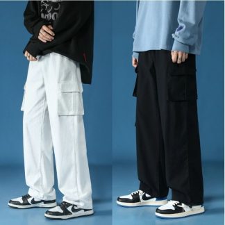 Cotton Black/White Cargo Pants Men Fashion Multi-pocket Wide-leg Pants ...