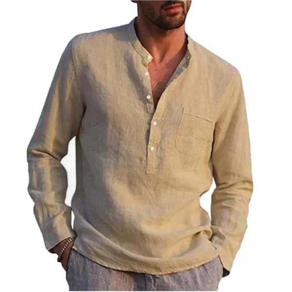 Cotton Linen Hot Sale Men s Long Sleeved Shirts Summer Solid Color Stand Up Collar Casual