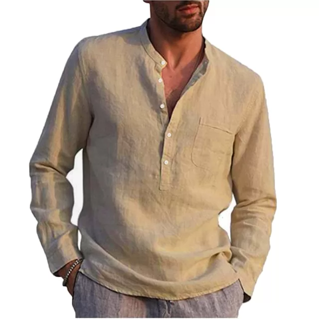 Cotton Linen Hot Sale Men s Long Sleeved Shirts Summer Solid Color Stand Up Collar Casual jpg x