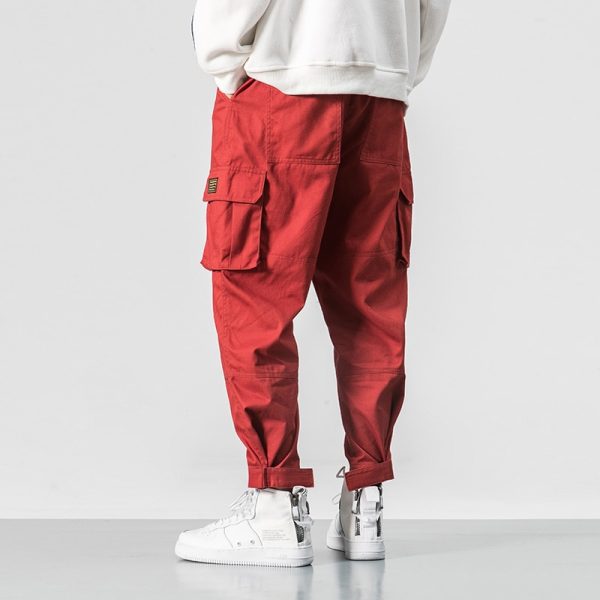 Cotton Men Multi pocket Elastic Waist Design Harem Pant Street Punk Hip Hop Red Casual Trousers 1