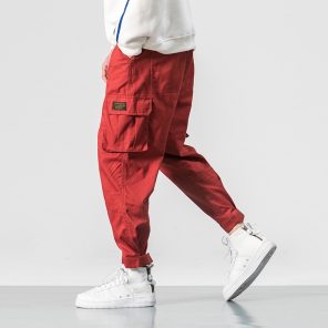 Cotton Men Multi pocket Elastic Waist Design Harem Pant Street Punk Hip Hop Red Casual Trousers