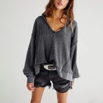 Cotton Women Sweatshirt Waffle Sexy V Neck Open