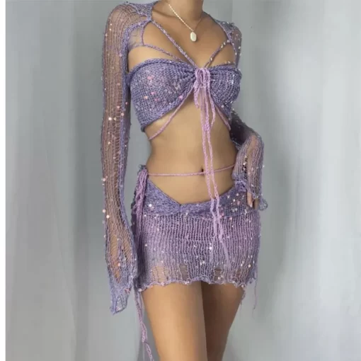 Crochet Knitted Dress Two Piece Skirt Sets 2023 Summer Women Clothes Sexy Crop Tops Elegant Knit 2