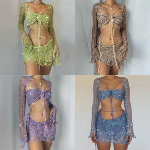 Crochet Knitted Dress Two Piece Skirt Sets 2023 Summer Women Clothes Sexy Crop Tops Elegant Knit 4