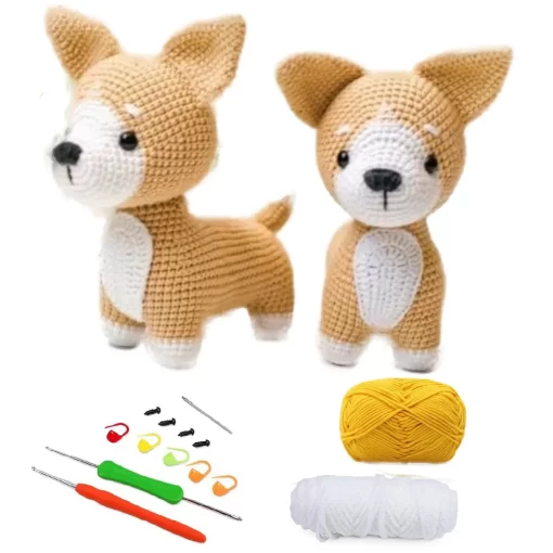 Cute Corgi Crochet Starter Kit DIY Yarn Hand Knitting Plush Doll Easy for Adults Children Includes